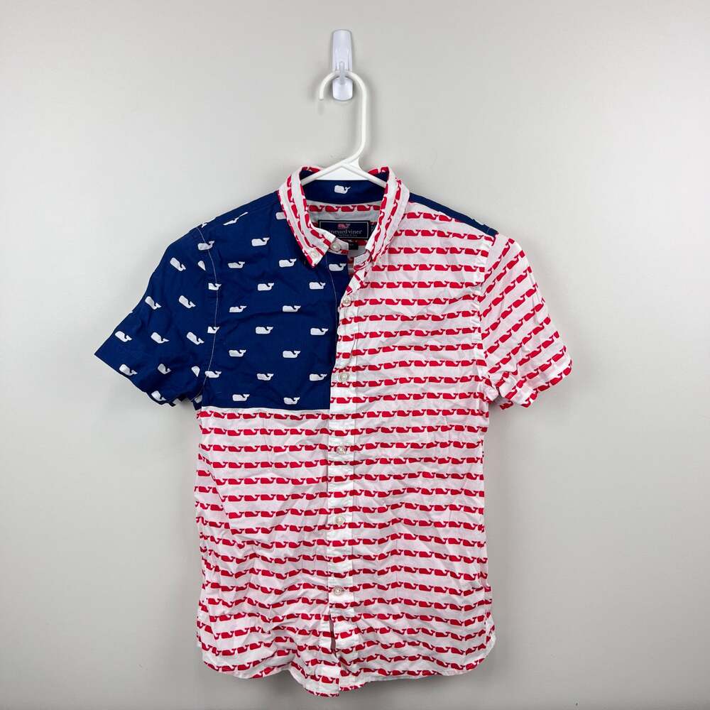 Vineyard Vines Boy's Short Sleeve Button Down Murray USA Whale Shirt S 8-10